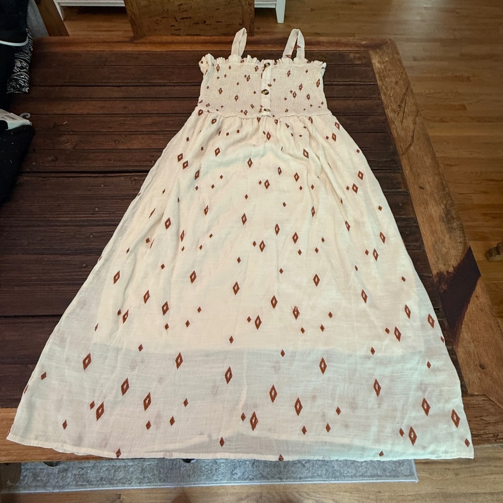 Liberty Love Cream Crinkle Gauze Smocked Embroidered Diamond Maxi Dress XL Boho